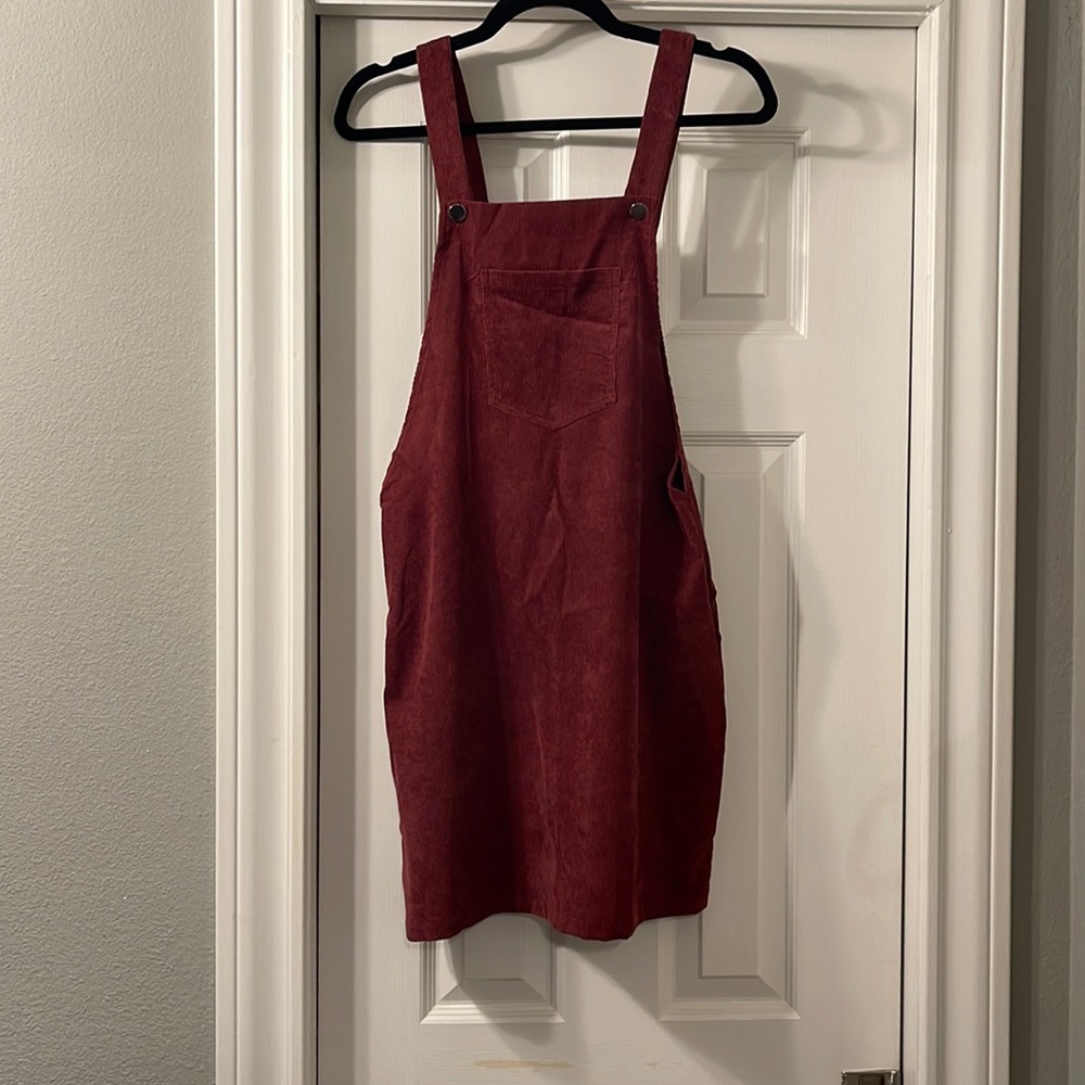 Mini burgundy corduroy jumper dress.